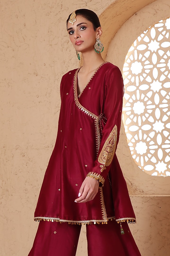 Maroon Silk Chanderi Dori Embroidered Wedding Sharara Set by Niti Bothra at Pernia's Pop Up Shop