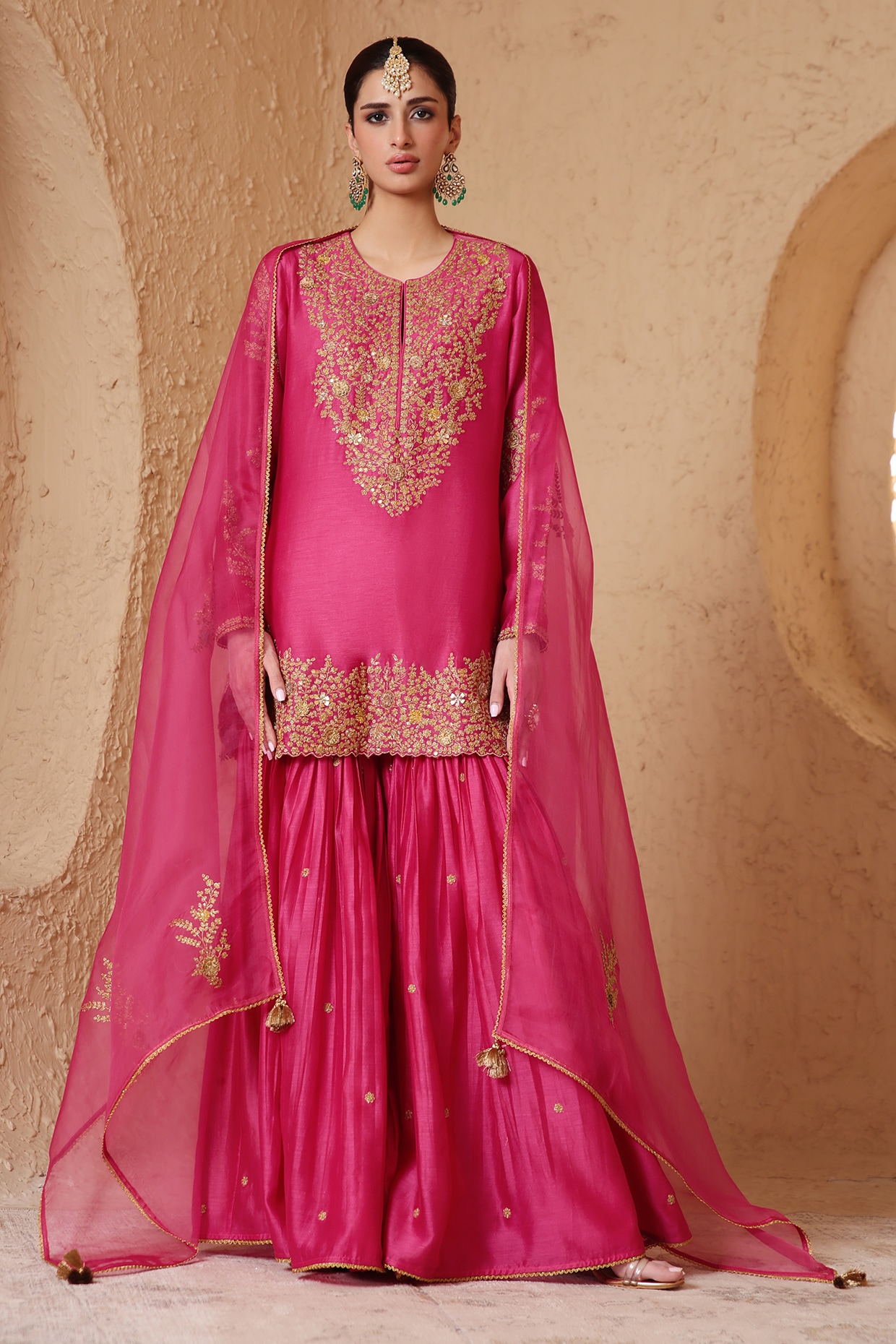 Niti Bothra Pink Silk Chanderi Aari & Dori Embroidered Sharara Set