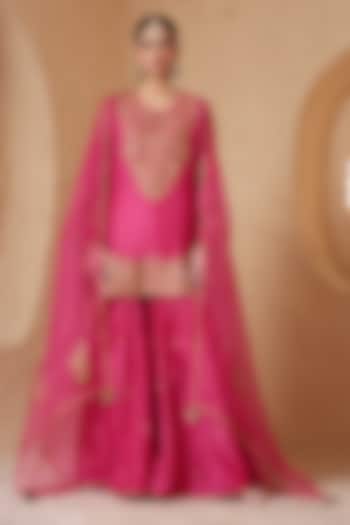 Pink Silk Chanderi Aari & Dori Embroidered Wedding Sharara Set by Niti Bothra at Pernia's Pop Up Shop