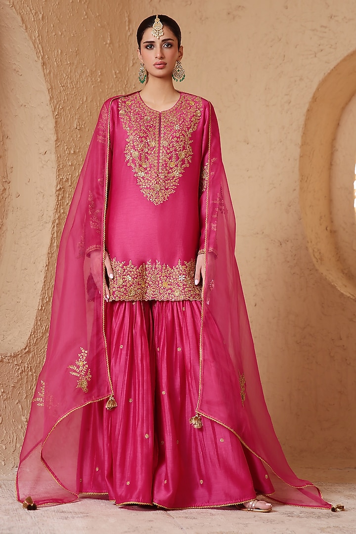 Pink Silk Chanderi Aari & Dori Embroidered Wedding Sharara Set by Niti Bothra at Pernia's Pop Up Shop