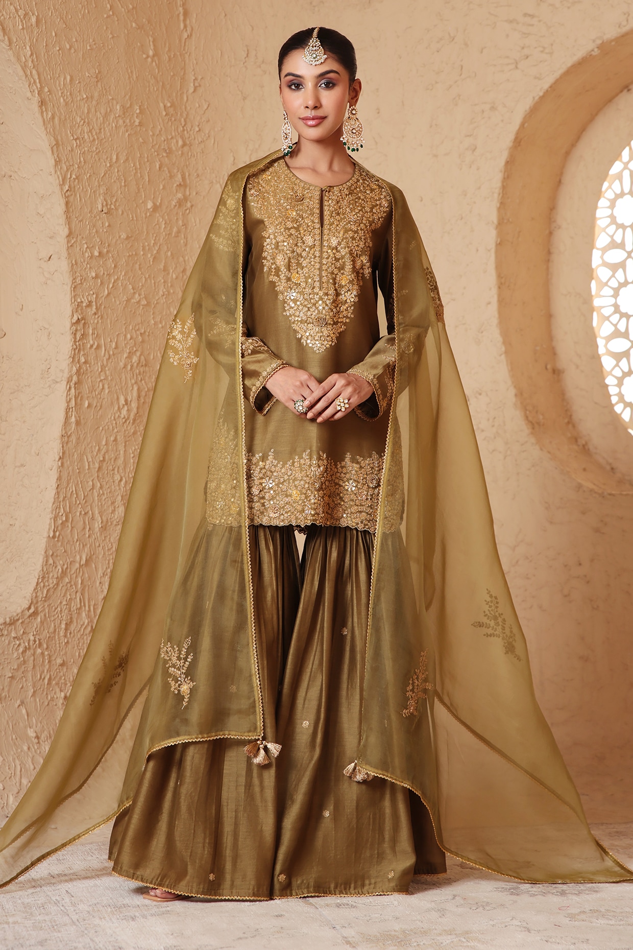 Niti Bothra Olive Green Silk Chanderi Aari & Dori Embroidered Sharara Set