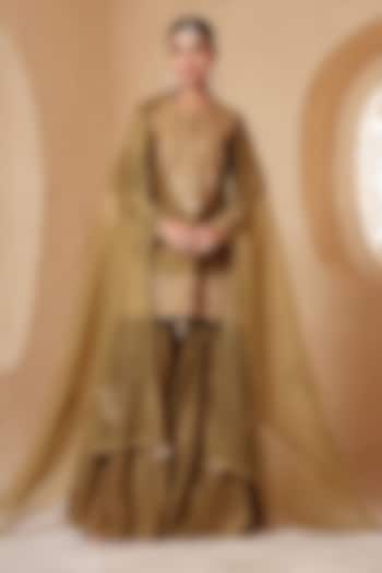 Olive Green Silk Chanderi Aari & Dori Embroidered Wedding Sharara Set by Niti Bothra at Pernia's Pop Up Shop