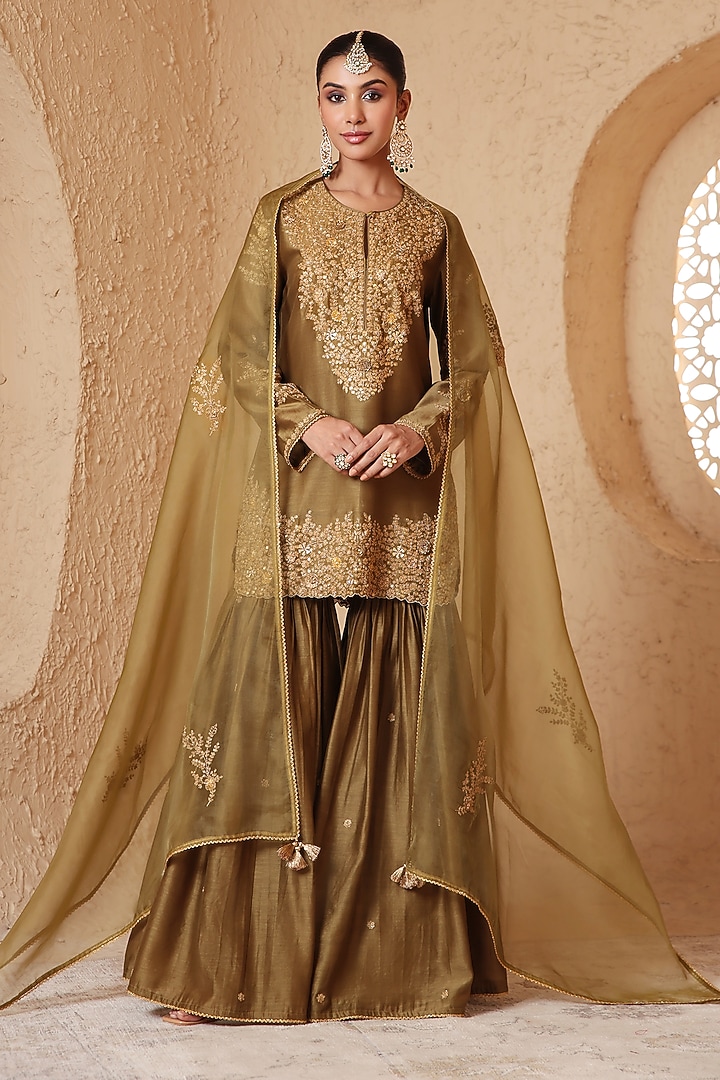 Olive Green Silk Chanderi Aari & Dori Embroidered Wedding Sharara Set by Niti Bothra at Pernia's Pop Up Shop