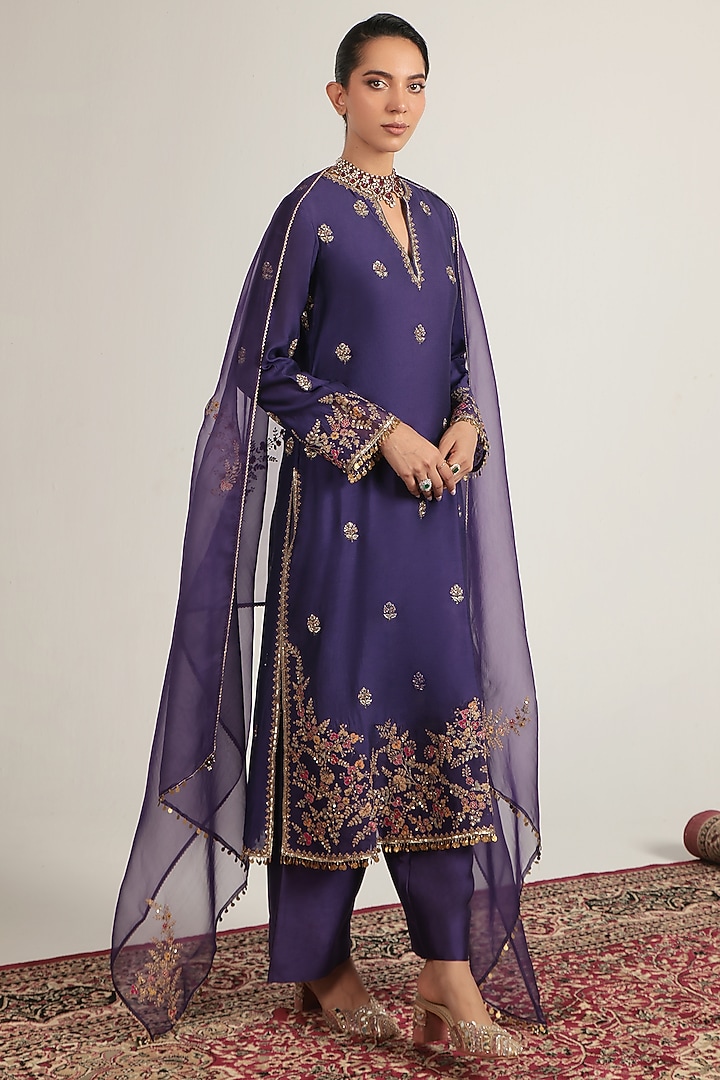 Purple Silk Zardosi Embroidered Kurta Set by Niti Bothra at Pernia's Pop Up Shop
