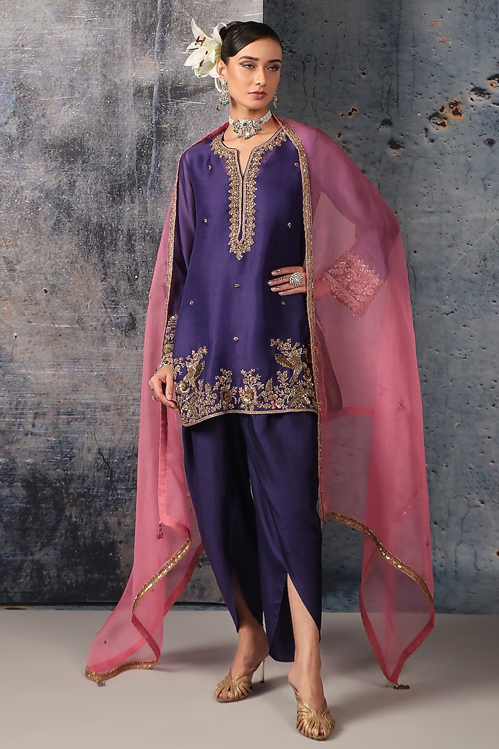 Purple Organza Zardosi Embroidered Short Kurta Set by Niti Bothra at Pernia's Pop Up Shop