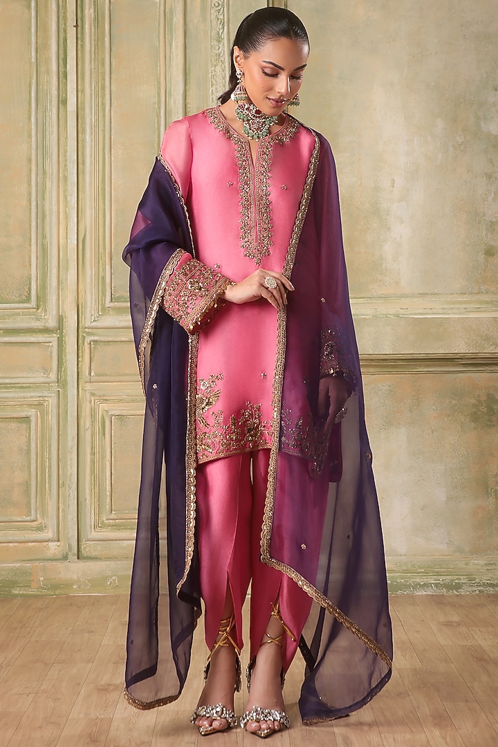 Pink Organza Resham Embroidered Short Kurta Set by Niti Bothra at Pernia's Pop Up Shop