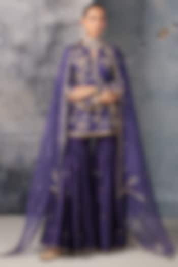Purple Silk Chanderi Zardosi Embroidered Wedding Sharara Set by Niti Bothra at Pernia's Pop Up Shop