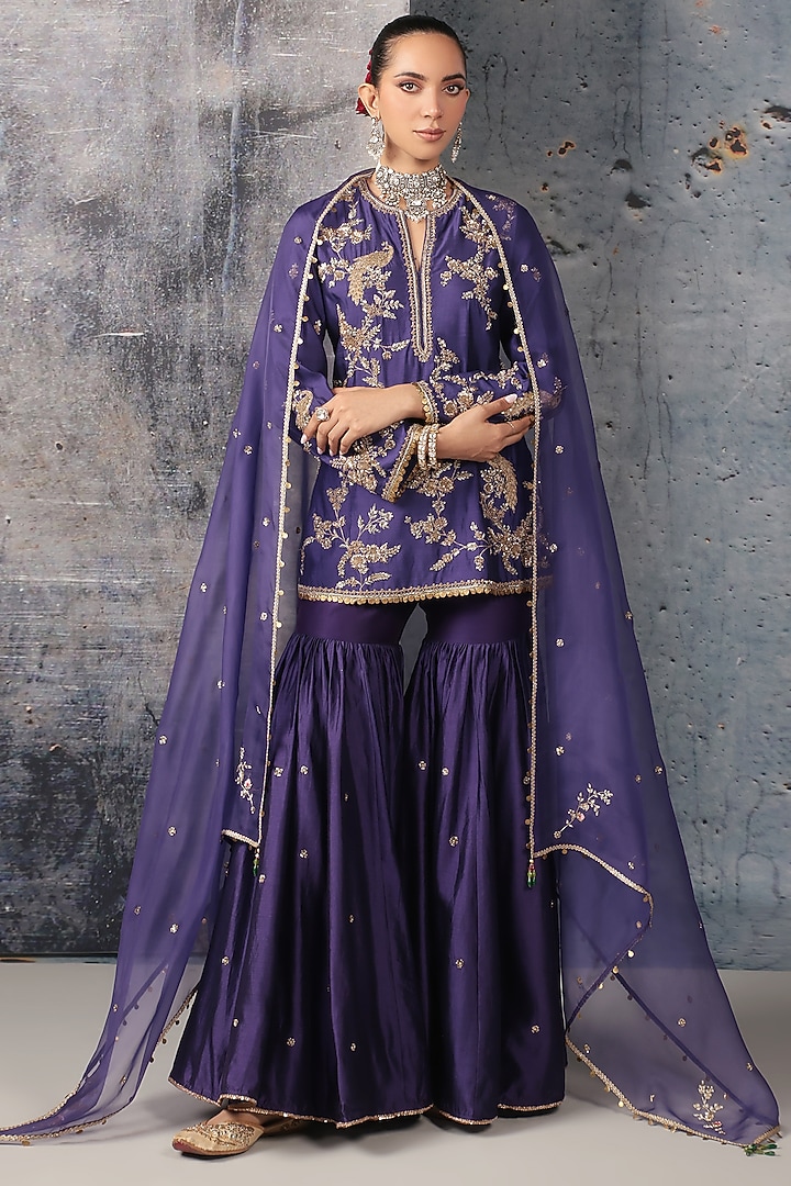 Purple Silk Chanderi Zardosi Embroidered Wedding Sharara Set by Niti Bothra at Pernia's Pop Up Shop