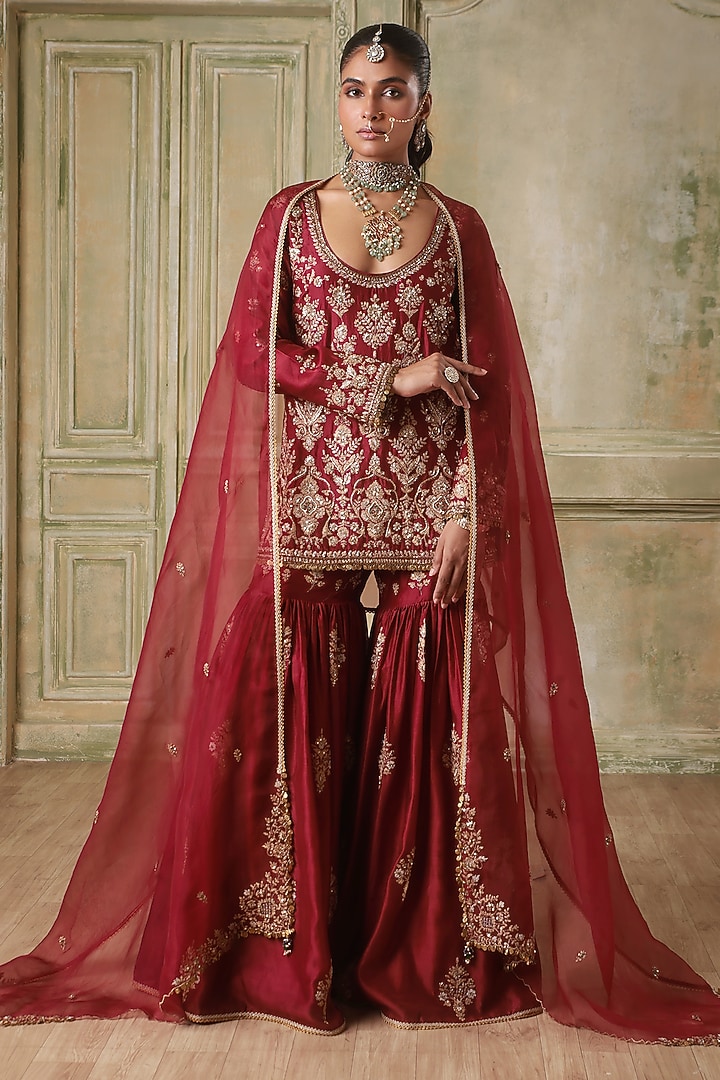 Maroon Silk Chanderi Wedding Sharara Set by Niti Bothra at Pernia's Pop Up Shop