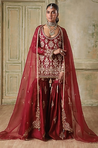 Maroon Silk Chanderi Sharara Set by niti bothra