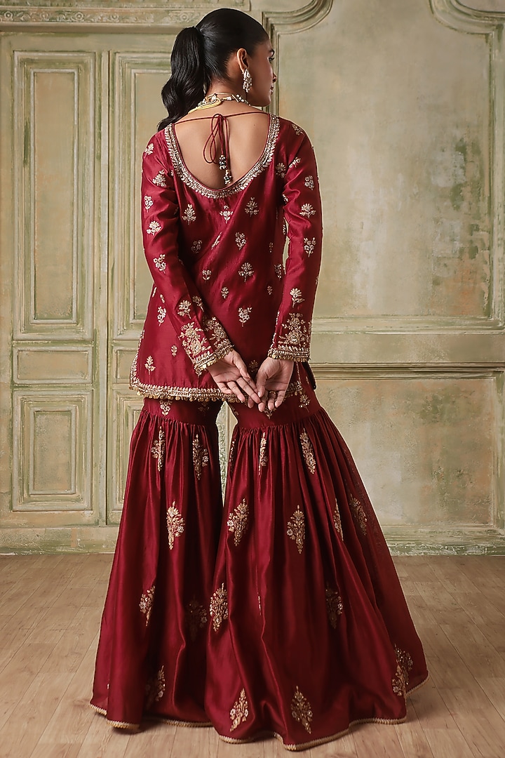 Maroon Silk Chanderi Wedding Sharara Set by Niti Bothra at Pernia's Pop Up Shop