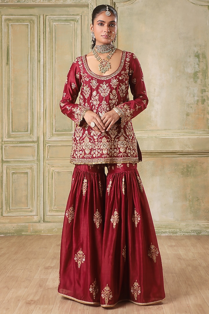 Maroon Silk Chanderi Wedding Sharara Set by Niti Bothra at Pernia's Pop Up Shop