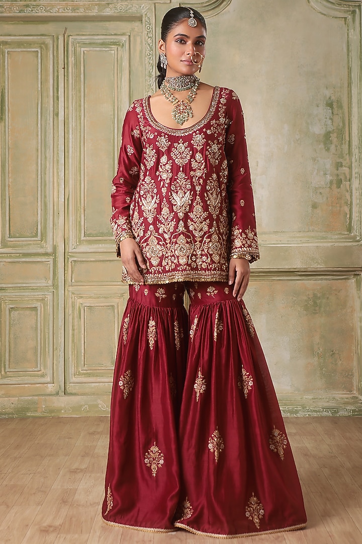 Maroon Silk Chanderi Wedding Sharara Set by Niti Bothra at Pernia's Pop Up Shop