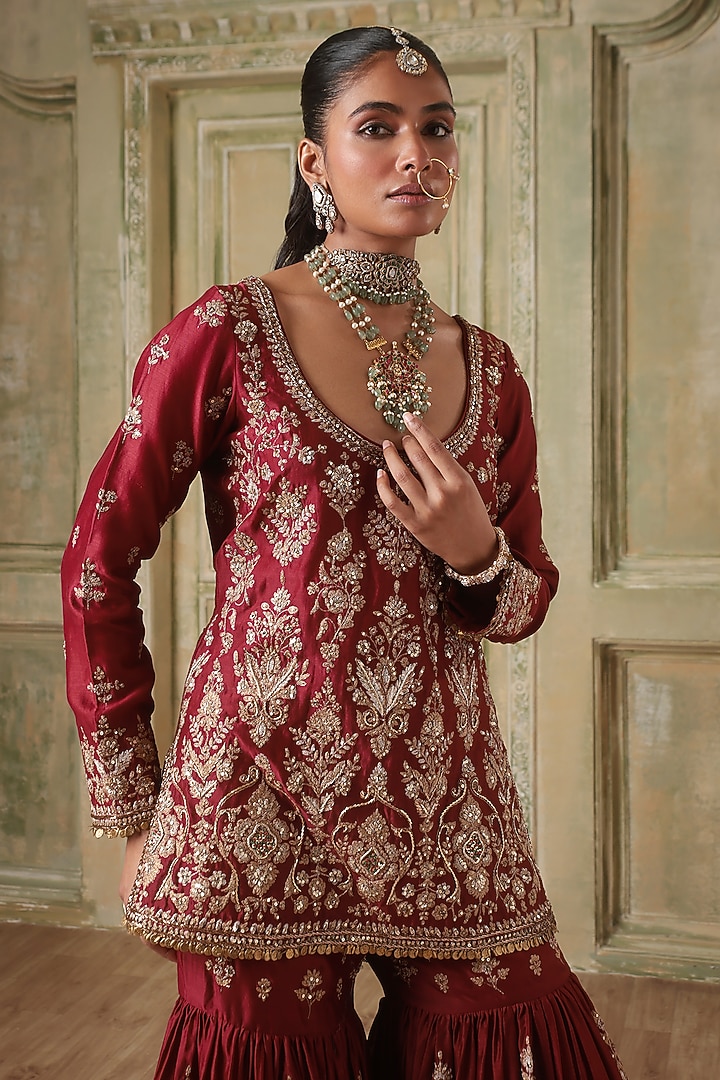 Maroon Silk Chanderi Wedding Sharara Set by Niti Bothra at Pernia's Pop Up Shop