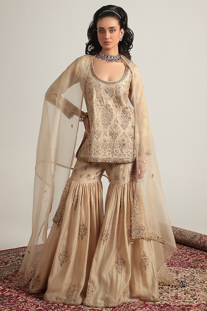 Ivory Silk Chanderi Zardosi Embroidered Wedding Sharara Set by Niti Bothra at Pernia's Pop Up Shop