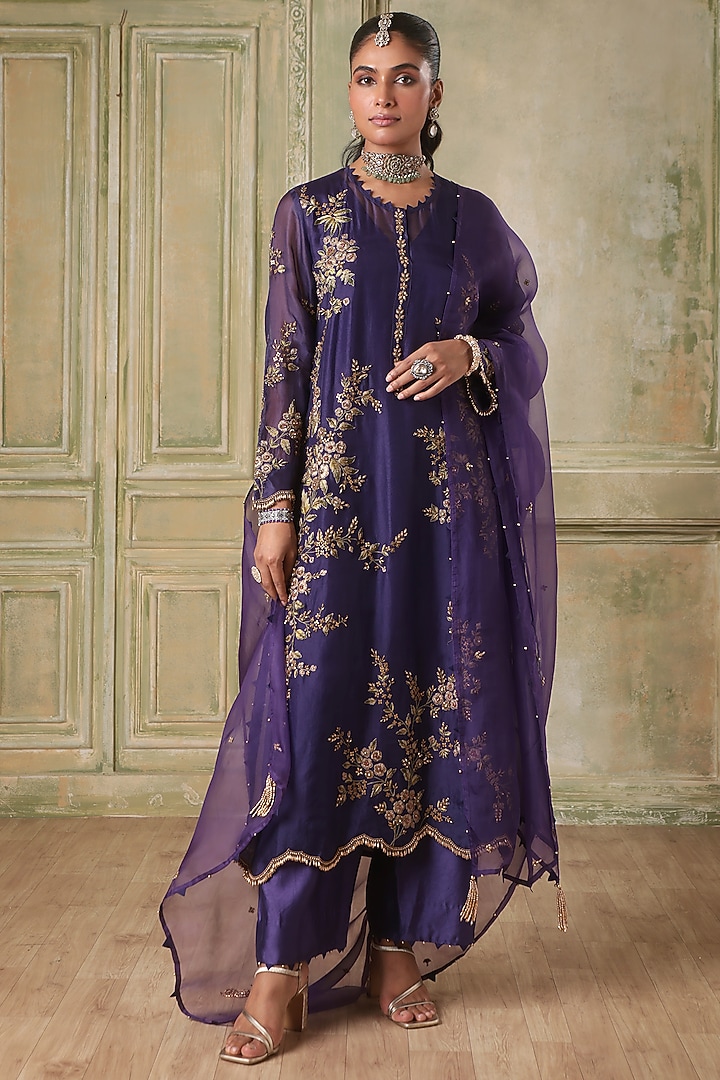 Purple Organza Zardosi Embroidered Kurta Set by Niti Bothra at Pernia's Pop Up Shop