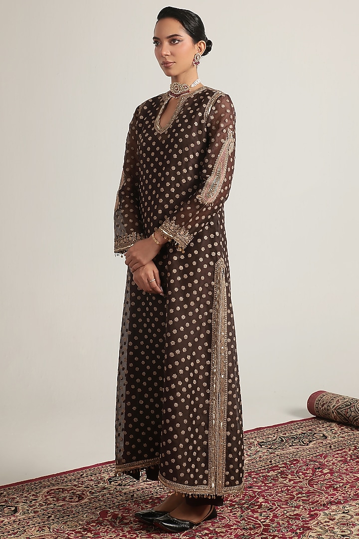 Brown Organza Zardosi Embroidered Kurta Set by Niti Bothra at Pernia's Pop Up Shop