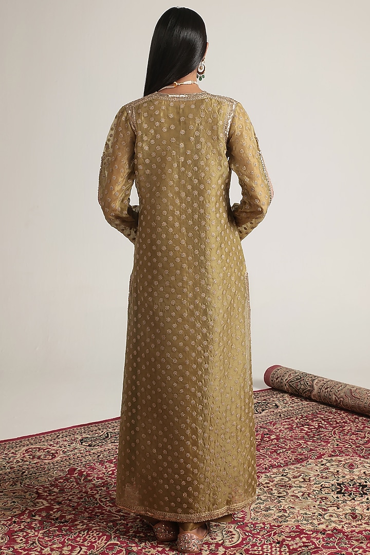 Olive Green Organza Zardosi Embroidered Kurta Set by Niti Bothra at Pernia's Pop Up Shop