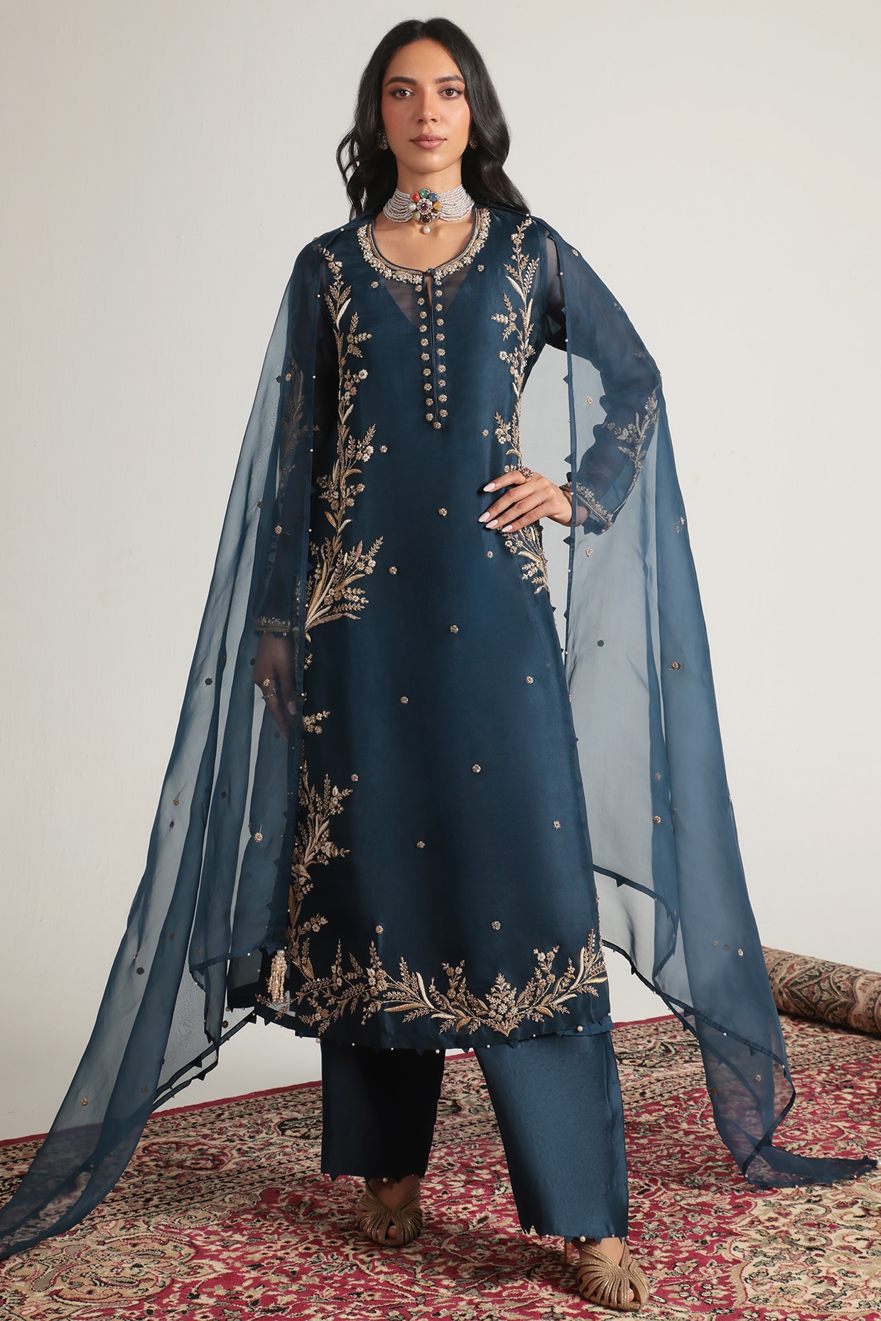 Niti Bothra Blue Organza Pearl Embroidered Kurta Set