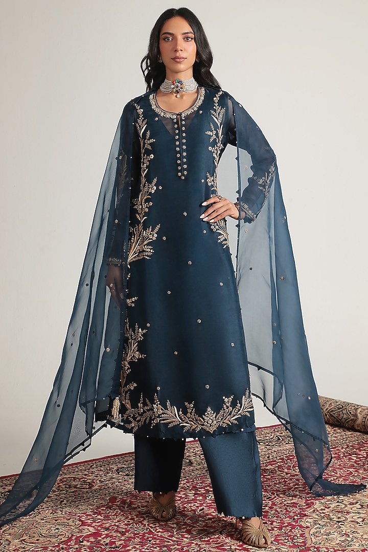 Blue Organza Pearl Embroidered Kurta Set by Niti Bothra at Pernia's Pop Up Shop