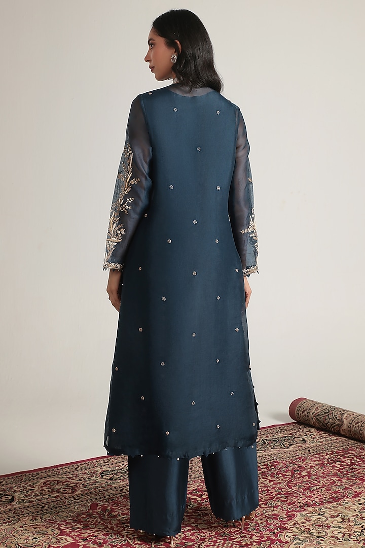 Blue Organza Pearl Embroidered Kurta Set by Niti Bothra at Pernia's Pop Up Shop