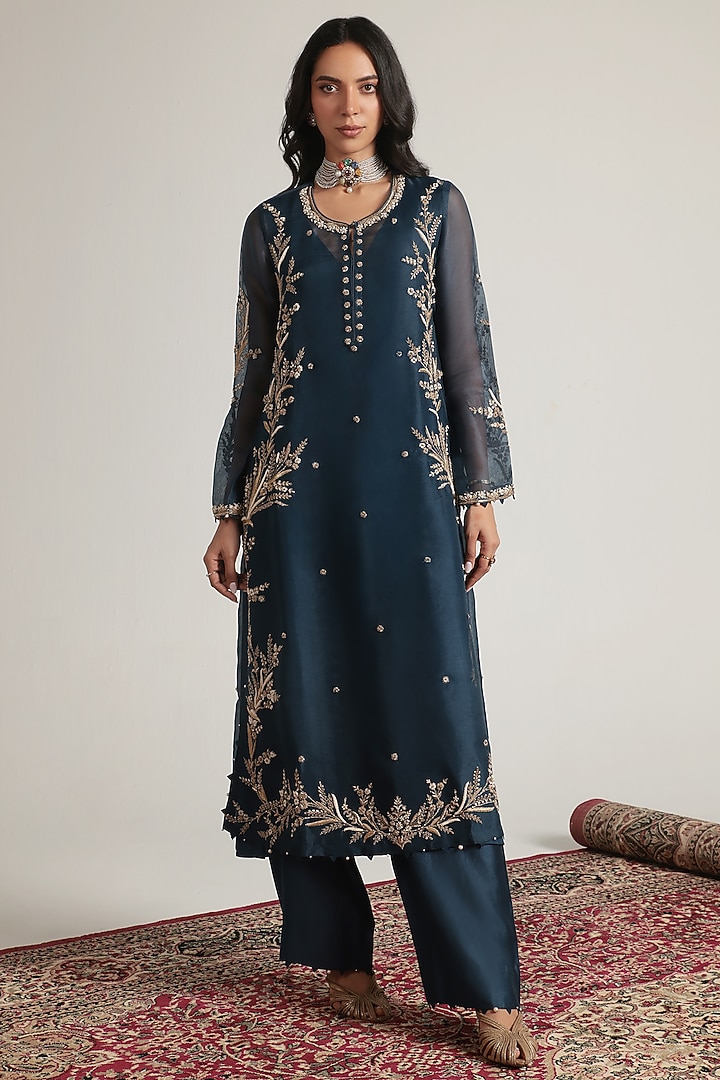 Blue Organza Pearl Embroidered Kurta Set by Niti Bothra at Pernia's Pop Up Shop