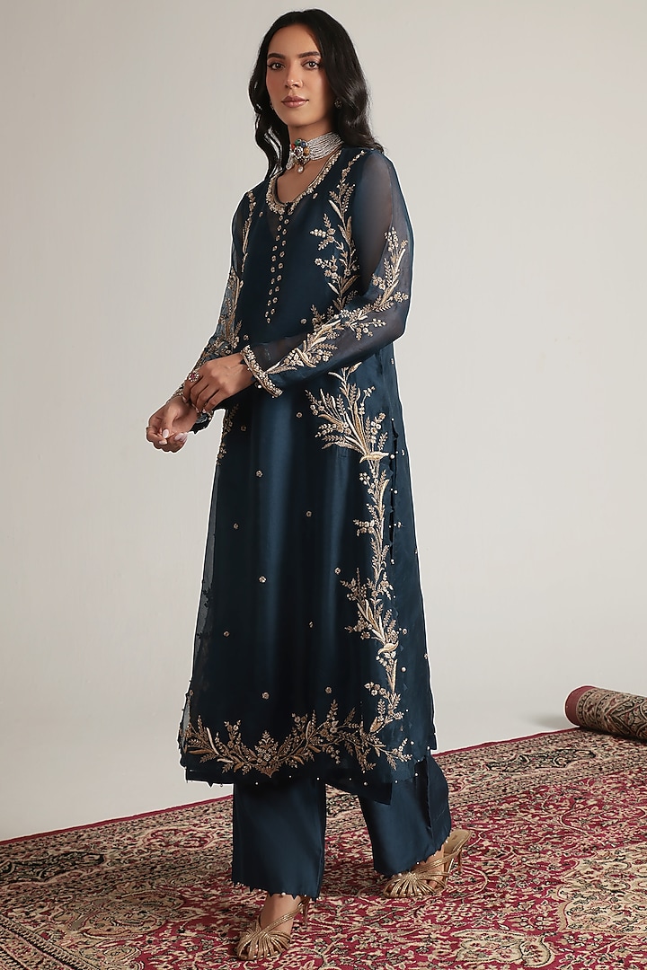 Blue Organza Pearl Embroidered Kurta Set by Niti Bothra at Pernia's Pop Up Shop