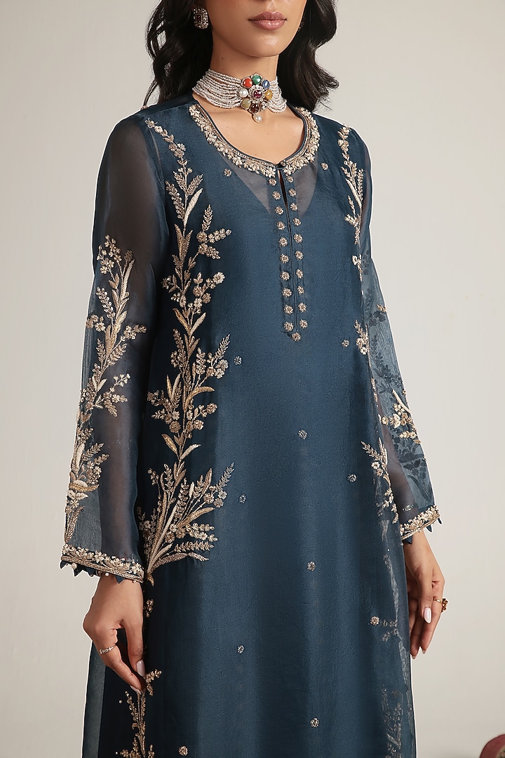 Blue Organza Pearl Embroidered Kurta Set by Niti Bothra at Pernia's Pop Up Shop