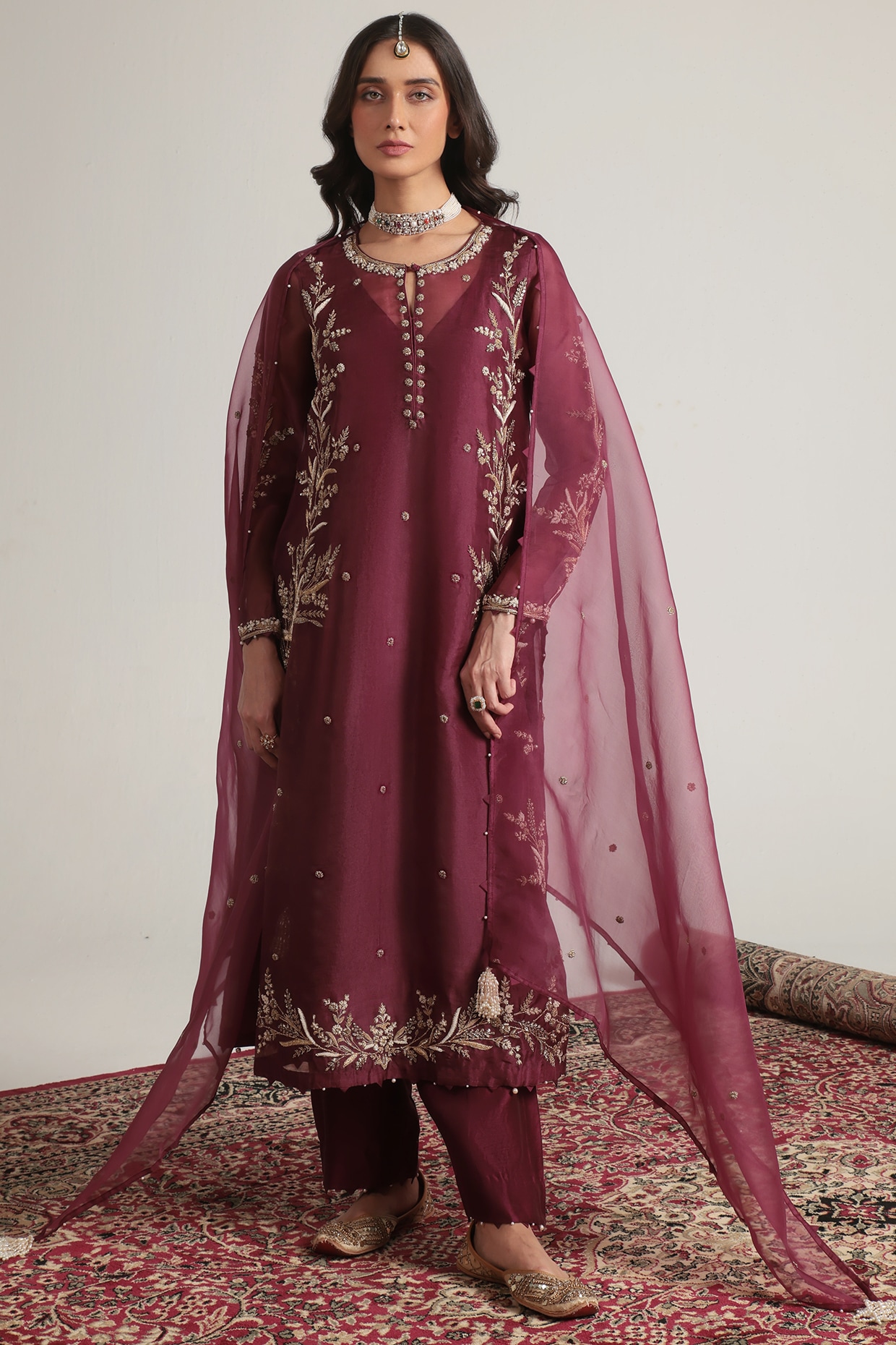Niti Bothra Wine Organza Pearl Embroidered Kurta Set