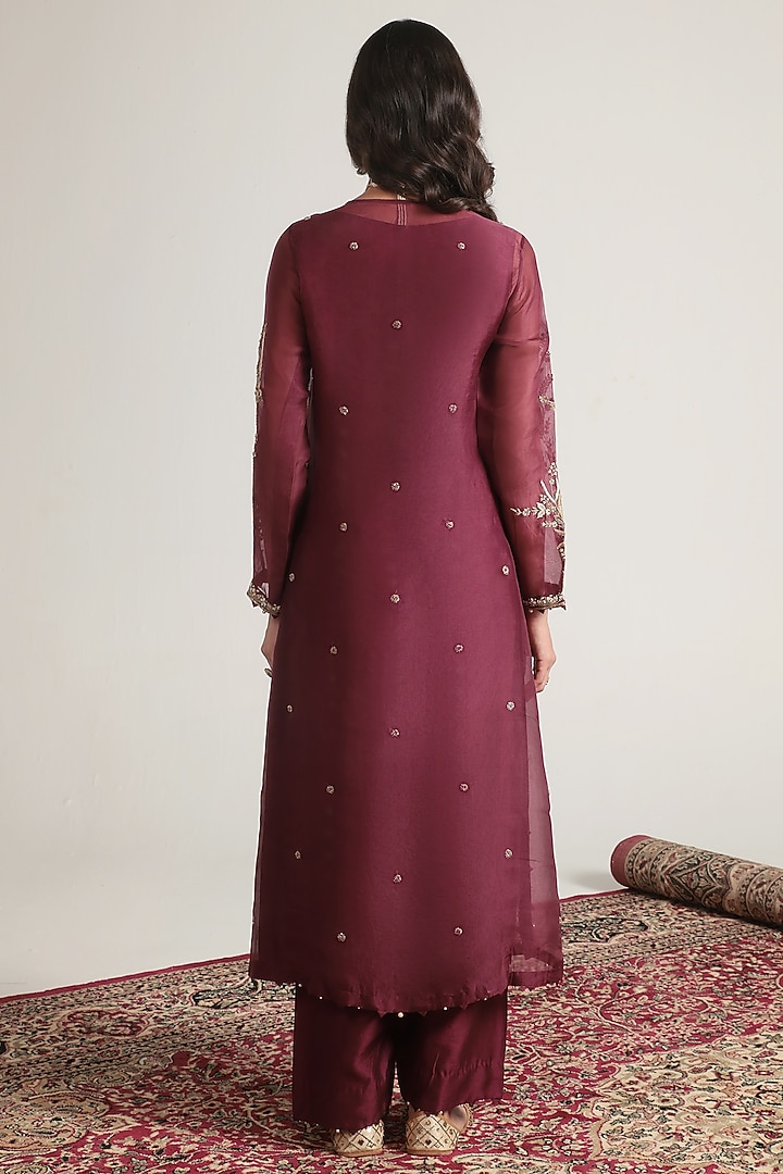 Wine Organza Pearl Embroidered Kurta Set by Niti Bothra at Pernia's Pop Up Shop