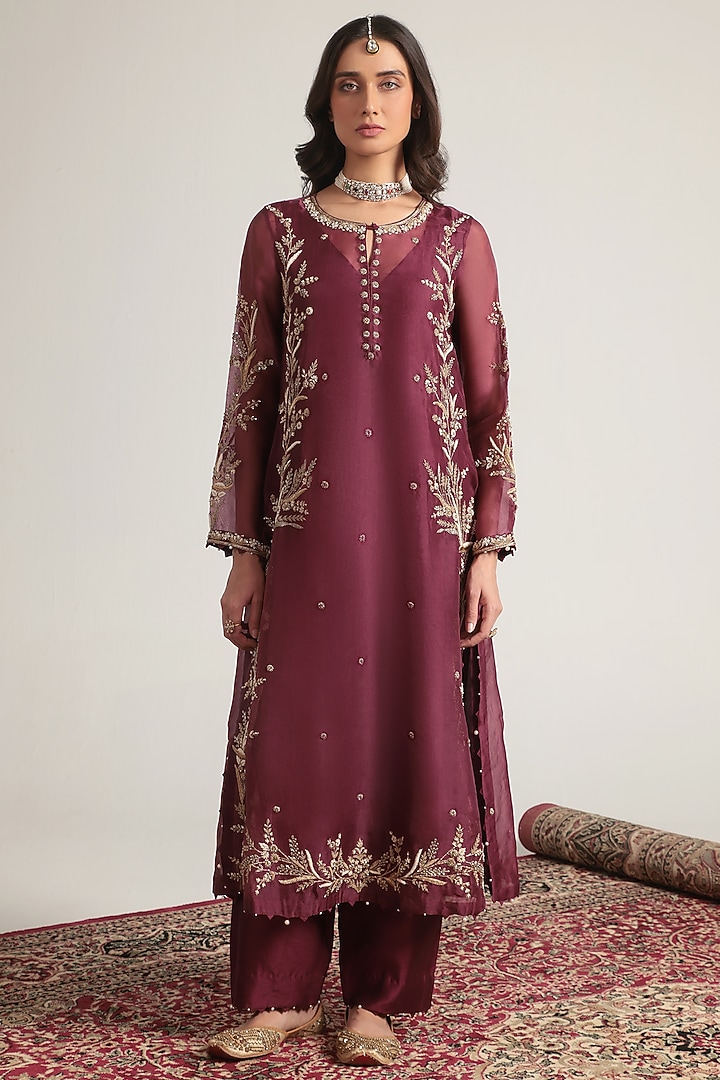 Wine Organza Pearl Embroidered Kurta Set by Niti Bothra at Pernia's Pop Up Shop