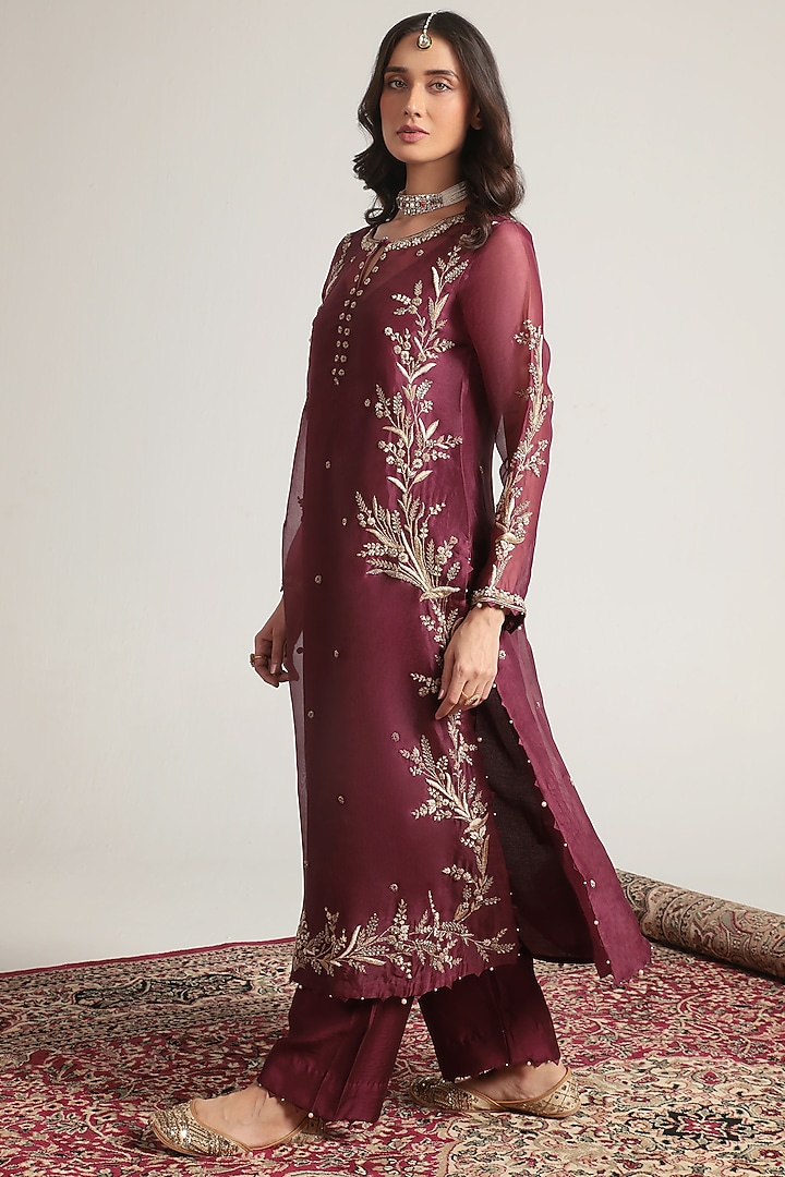 Wine Organza Pearl Embroidered Kurta Set by Niti Bothra at Pernia's Pop Up Shop