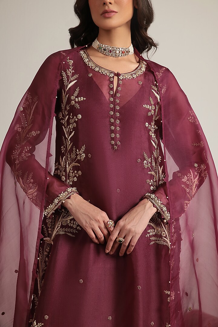 Wine Organza Pearl Embroidered Kurta Set by Niti Bothra at Pernia's Pop Up Shop