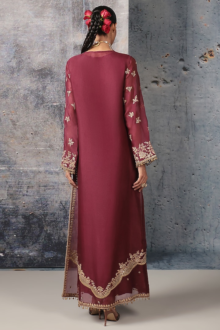 Wine Organza Bead Embroidered Kurta Set by Niti Bothra at Pernia's Pop Up Shop