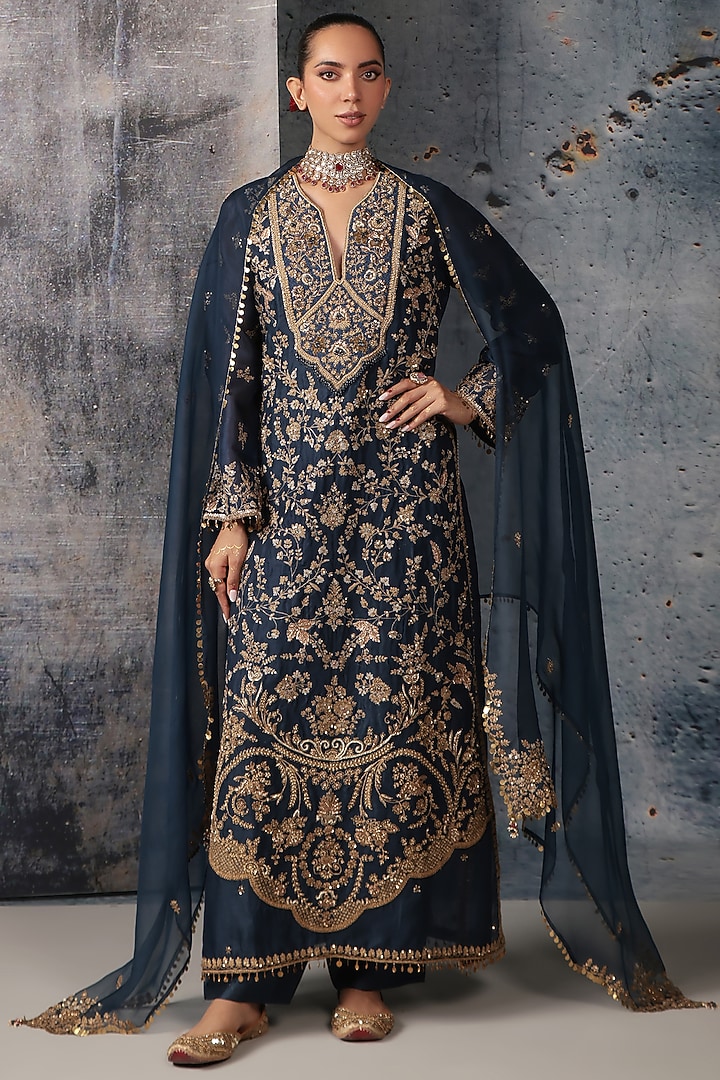 Blue Organza Bead Embroidered Kurta Set by Niti Bothra at Pernia's Pop Up Shop