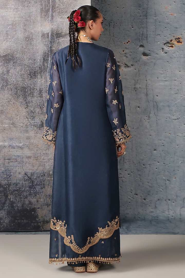 Blue Organza Bead Embroidered Kurta Set by Niti Bothra at Pernia's Pop Up Shop