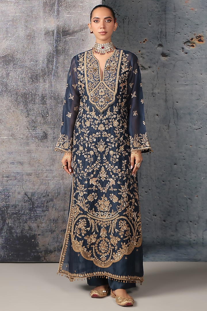 Blue Organza Bead Embroidered Kurta Set by Niti Bothra at Pernia's Pop Up Shop