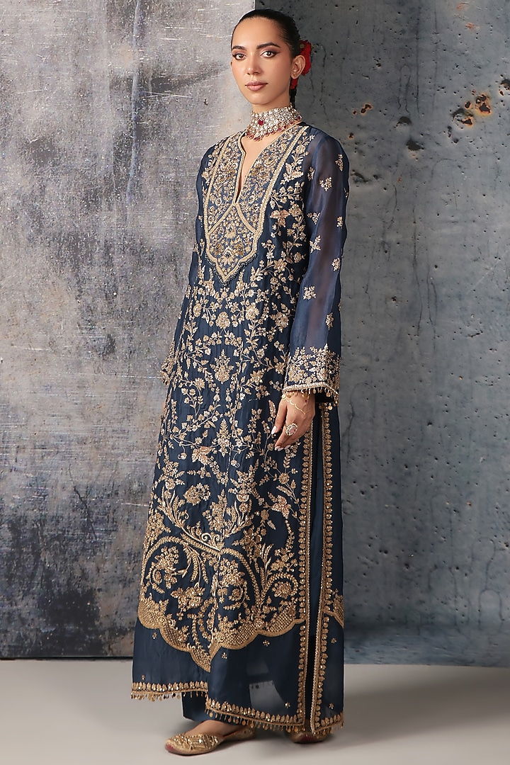 Blue Organza Bead Embroidered Kurta Set by Niti Bothra at Pernia's Pop Up Shop