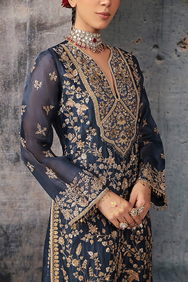 Blue Organza Bead Embroidered Kurta Set by Niti Bothra at Pernia's Pop Up Shop
