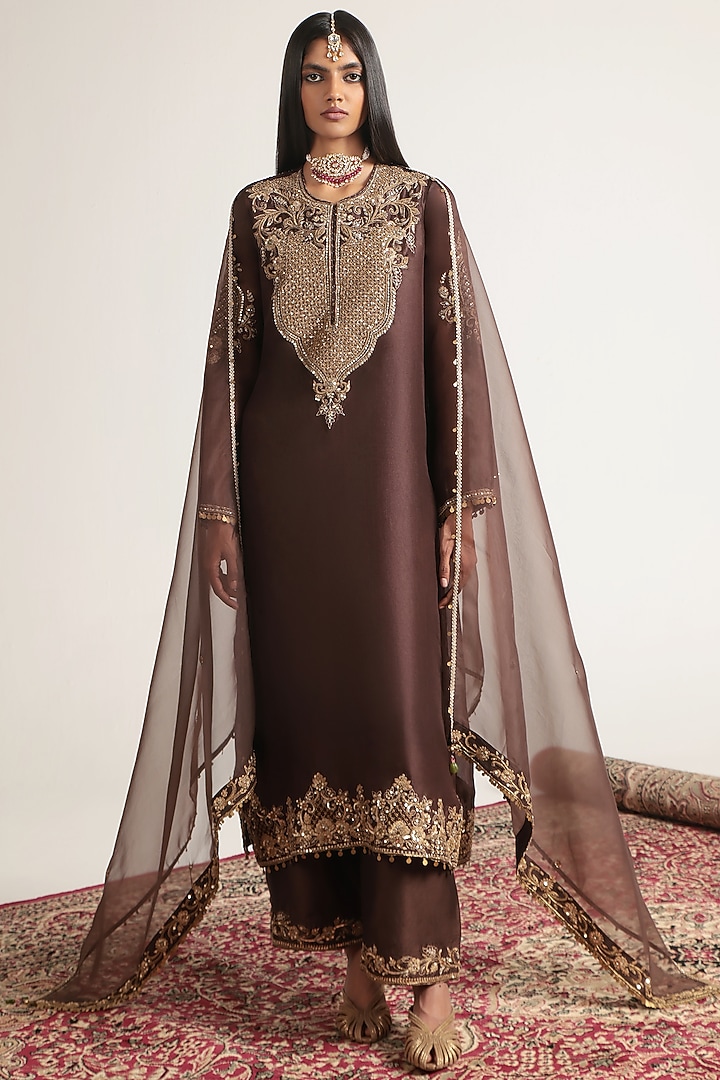 Brown Organza & Silk Tencel Zardosi Embroidered Straight Kurta Set by Niti Bothra at Pernia's Pop Up Shop