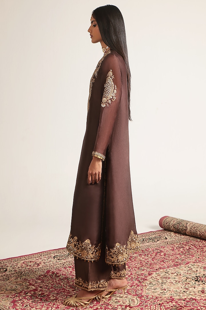 Brown Organza & Silk Tencel Zardosi Embroidered Straight Kurta Set by Niti Bothra at Pernia's Pop Up Shop