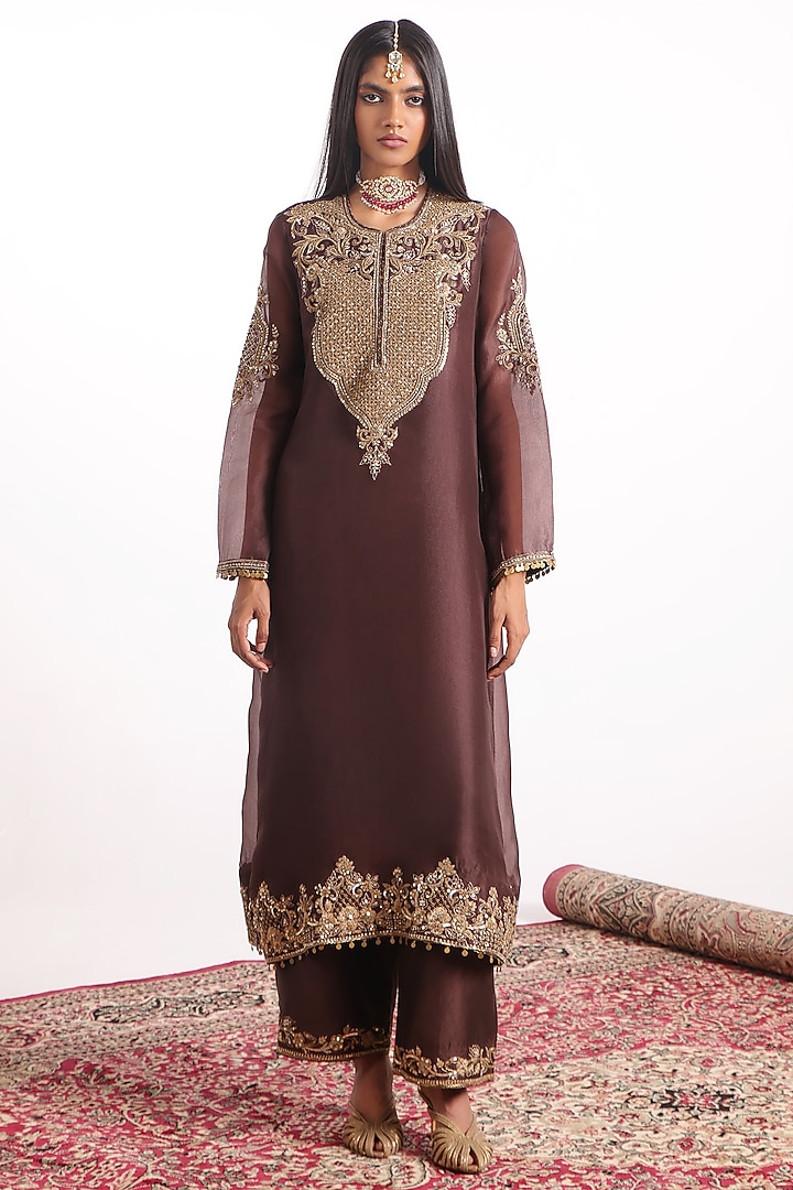 Brown Organza & Silk Tencel Zardosi Embroidered Straight Kurta Set by Niti Bothra at Pernia's Pop Up Shop