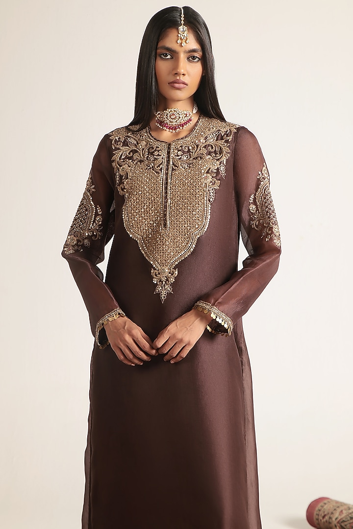 Brown Organza & Silk Tencel Zardosi Embroidered Straight Kurta Set by Niti Bothra at Pernia's Pop Up Shop