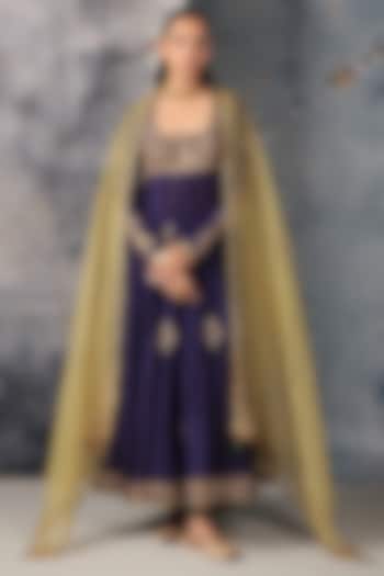 Purple Silk Chanderi Zari Embroidered Kalidar Bridal Anarkali Set by Niti Bothra at Pernia's Pop Up Shop