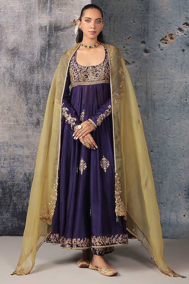 Purple Silk Chanderi Zari Embroidered Kalidar Bridal Anarkali Set by Niti Bothra at Pernia's Pop Up Shop