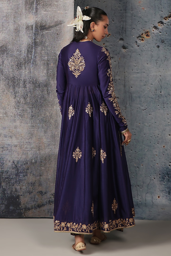 Purple Silk Chanderi Zari Embroidered Kalidar Bridal Anarkali Set by Niti Bothra at Pernia's Pop Up Shop