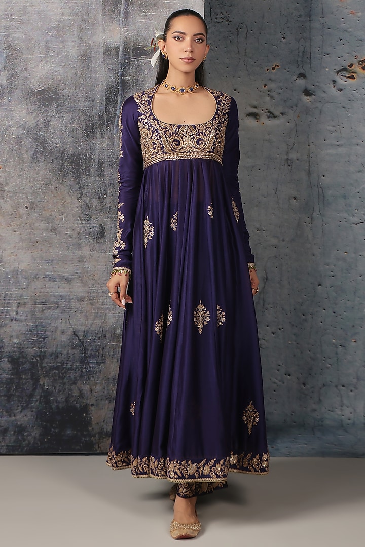Purple Silk Chanderi Zari Embroidered Kalidar Bridal Anarkali Set by Niti Bothra at Pernia's Pop Up Shop