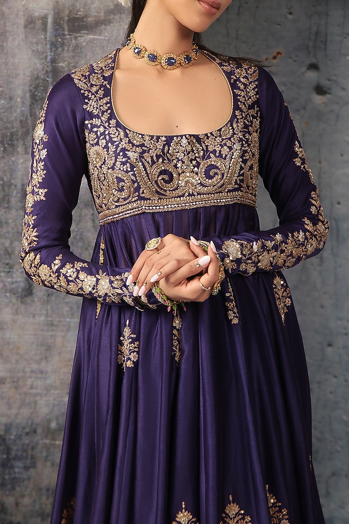 Purple Silk Chanderi Zari Embroidered Kalidar Bridal Anarkali Set by Niti Bothra at Pernia's Pop Up Shop