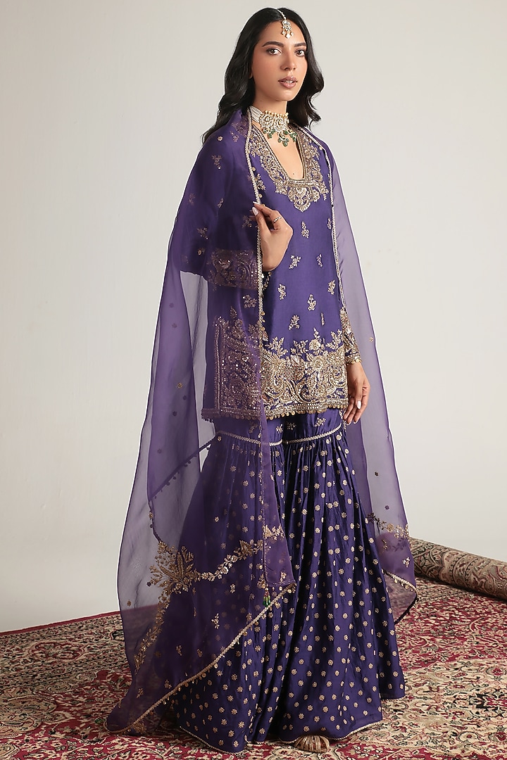 Purple Kora Silk Zardosi Embroidered Bridal Sharara Set by Niti Bothra at Pernia's Pop Up Shop