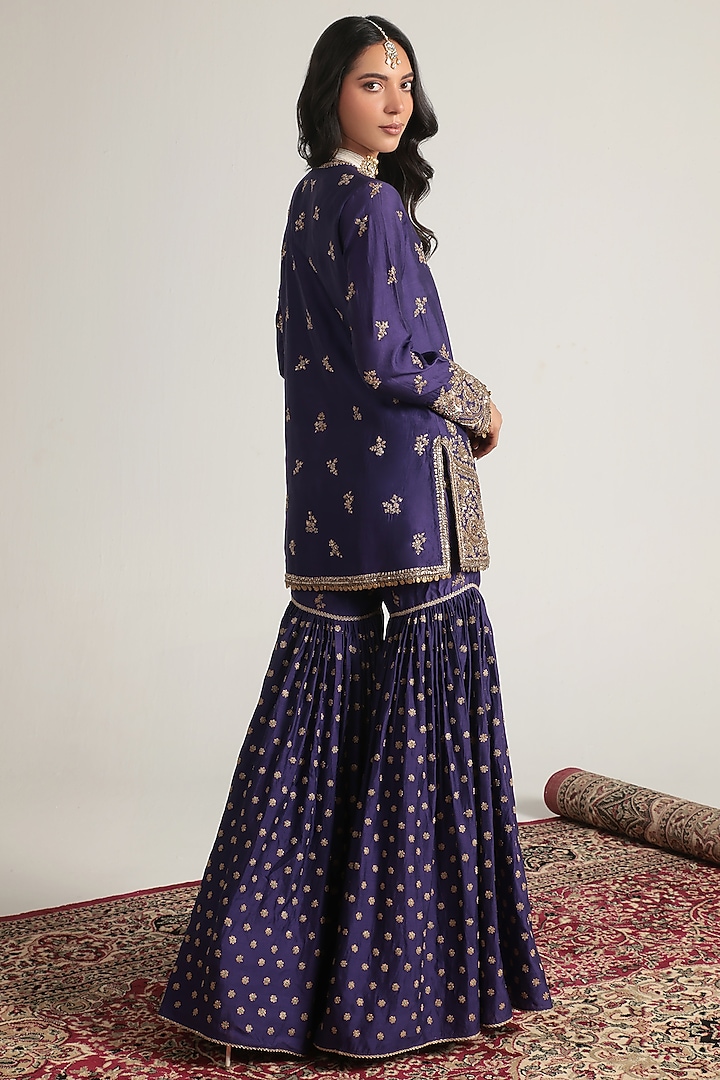 Purple Kora Silk Zardosi Embroidered Bridal Sharara Set by Niti Bothra at Pernia's Pop Up Shop